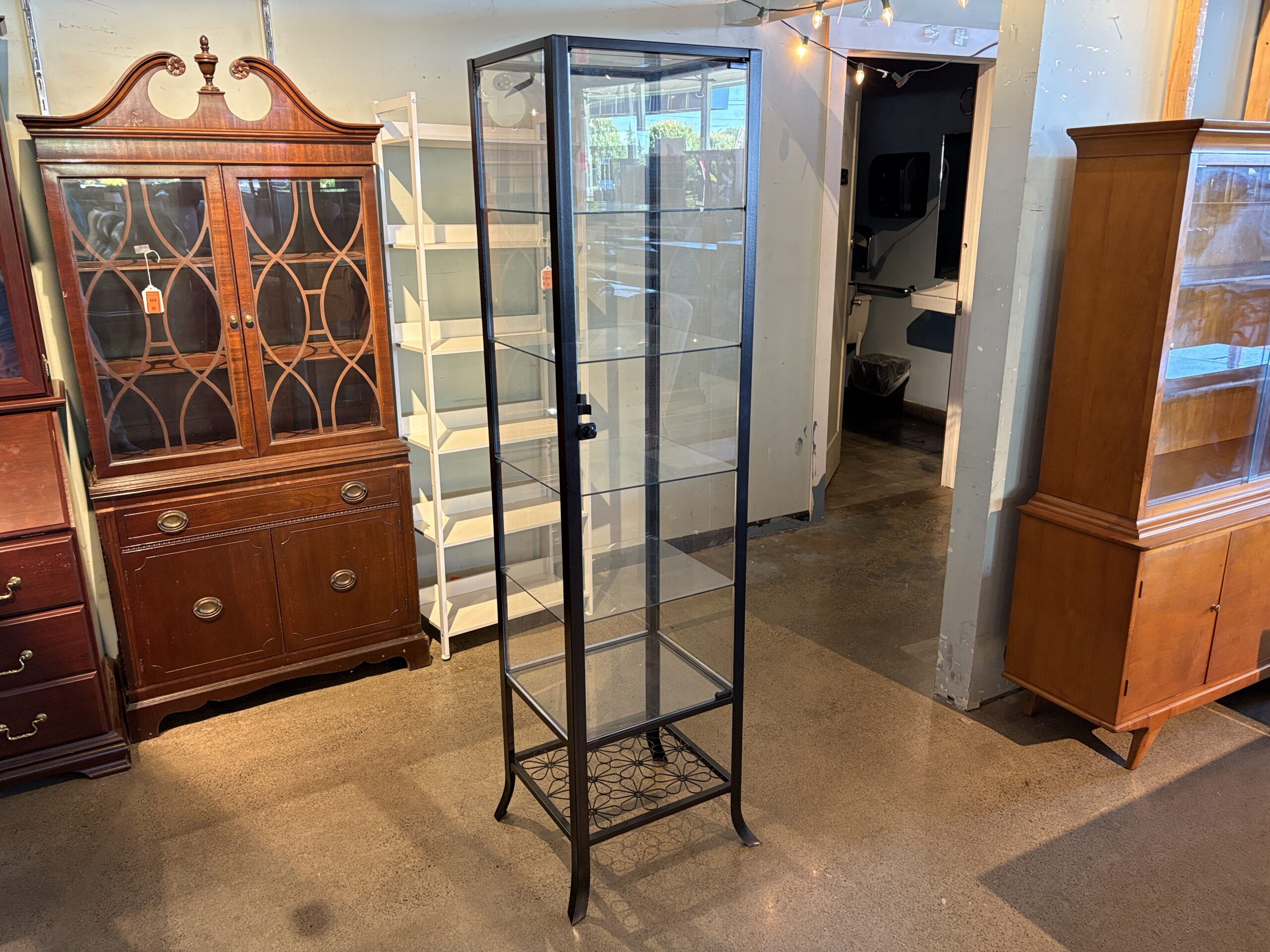 Black Narrow All-Glass 5-Shelf Display Cabinet with Floral Base