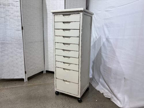 Distressed White Rolling Storage Cabinet