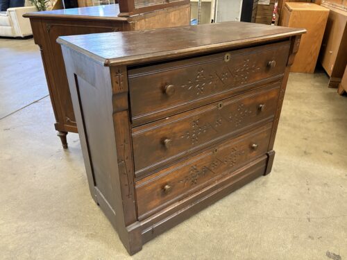 Vintage Rustic Wooden 3 Drawer Dresser with Carved Floral Details