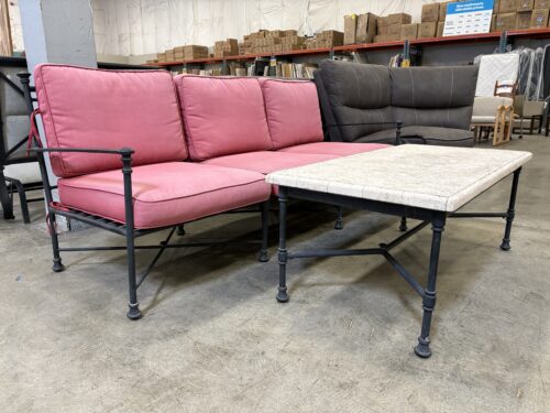 Outdoor Wrought Iron Loveseat with Outdoor Marble Top Table (Set of 2)