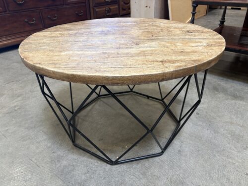 Modern Round Coffee Table with Natural Wood Top and Geometric Metal Base