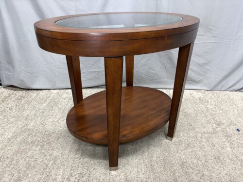HOME MERIDIAN Mahogany Finish Transitional 2-Tier Oval Glass Top Side Table