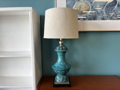 Vintage Turquoise Glazed Ceramic Table Lamp with Linen Shade