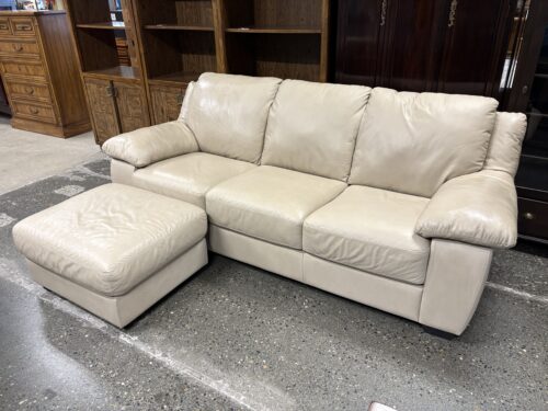 ITALSOFA Beige Leather Wide Arm 3-Seat Sofa w/ Rolling Ottoman