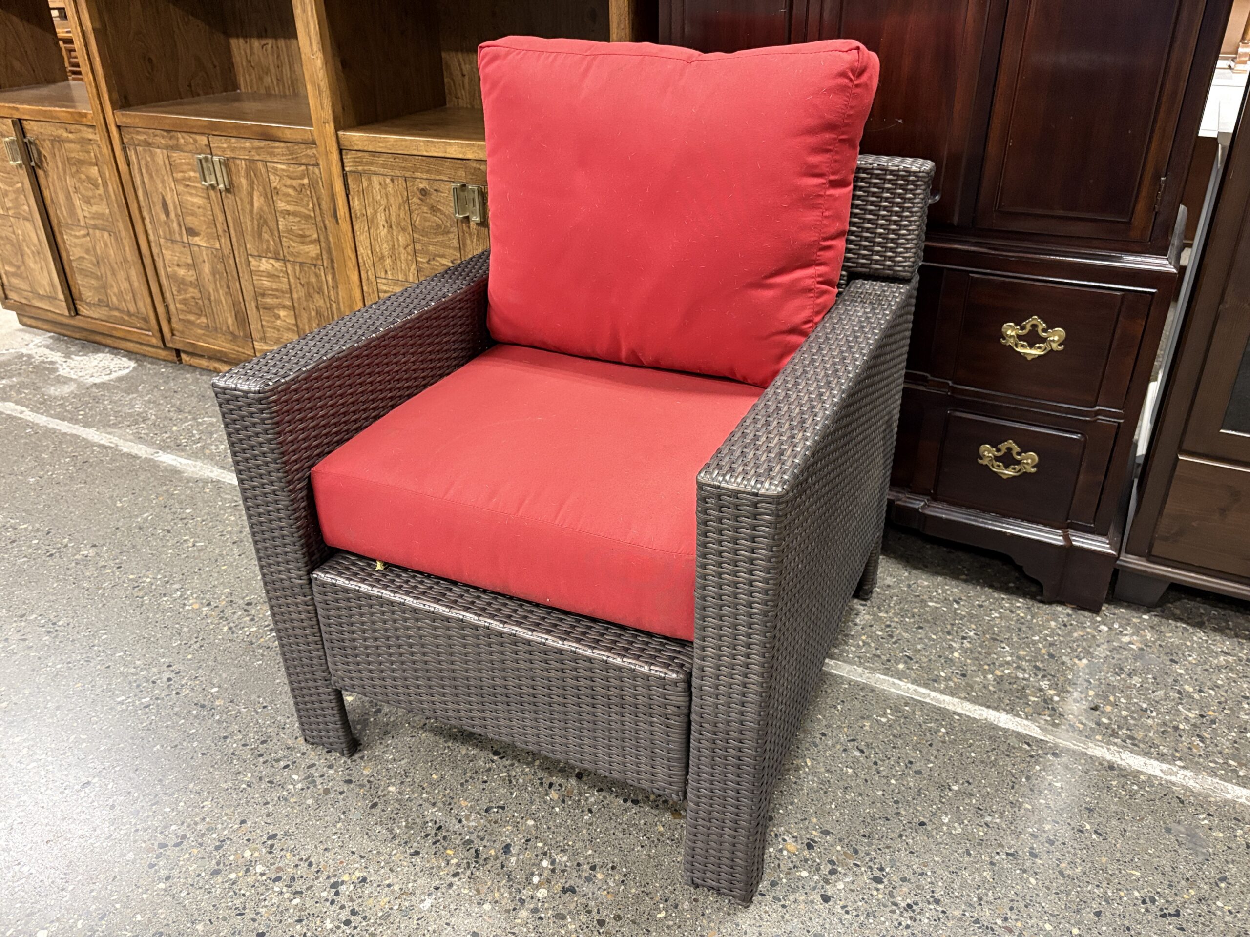 HAMPTON BAY Chocolate Wicker Outdoor Arm Chair w/ Red Cushions