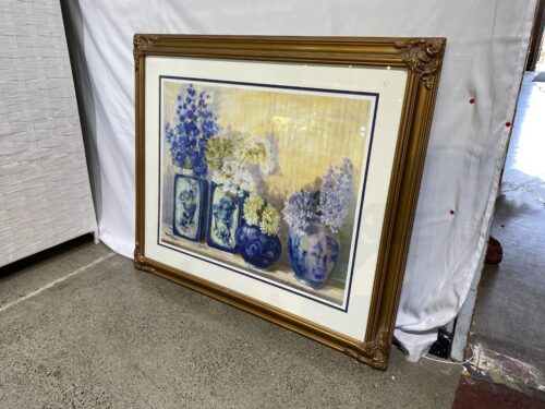Blue & White Still Life Framed Floral Print in Gold Frame by Carol Rowan