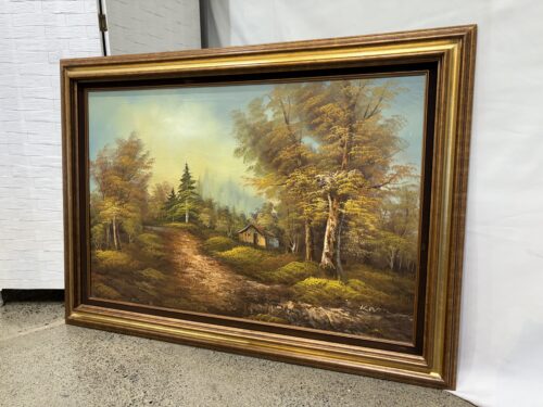 Rustic Cabin Landscape Scene Oil Painting Signed by"Kevin"