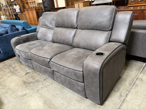 Stone Grey Contrast Stitch Power Reclining Sofa with Hidden Power Station