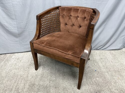 Chocolate Tufted Velvet & Rattan Barrel Back Arm Chair