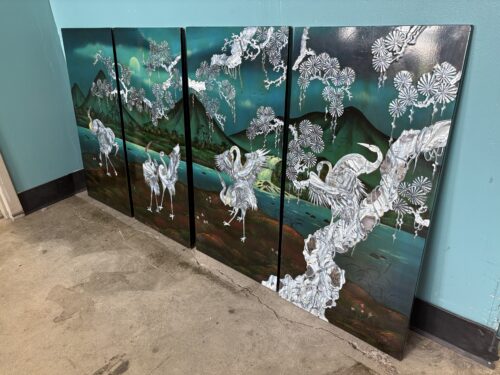 Vintage 4 Panel Lacquered Wooden Wall Art with Crane and Pine Mother-of-Pearl Inlay