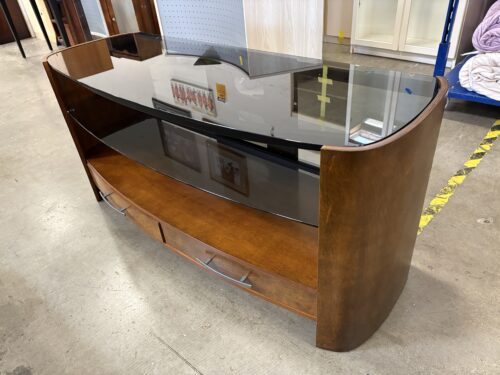 BELL'O Cherry Finish 3 Tier Media Stand with Curved Wooden Sides and Black Tempered Glass