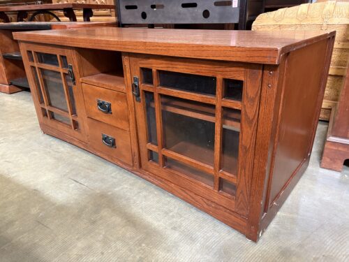 Cherry Finished Mission Style Media Cabinet with Tempered Glass Door Fronts