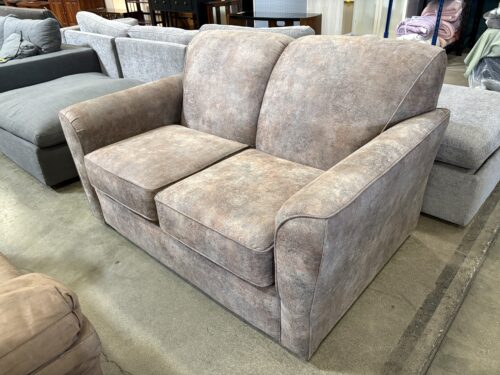 ENGLAND INC. Smyrna Loveseat with Half Moon Arms and Brown Watercolor Style Upholstery