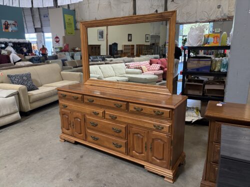 Vintage Maple Finished 13 Drawer Lowboy Dresser with Large Mirror