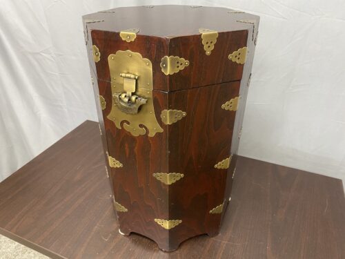 Vintage Korean Octagonal Brass & Cherry Stained Hat Box