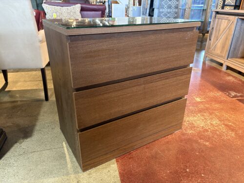 Three Drawer Dresser with Brown Wood Veneer and Glass Top (Set of 3)