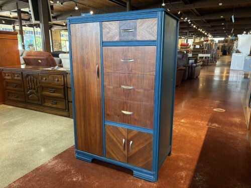 Teal and Walnut Wardrobe with Chevron Veneer Patterns