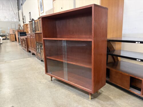 Vintage Mid-Century Modern Petite Cherry Finished Bookcase with Bronze Capped Legs
