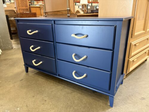 Modern Navy Blue Nautical Themed 6 Drawer Dresser with Woven Sisal Pulls
