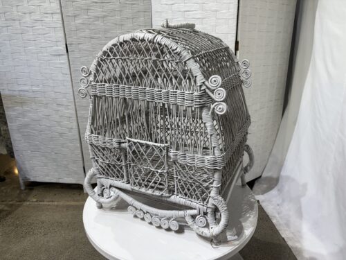 Vintage White Wicker Birdcage with Ornate Scrolling