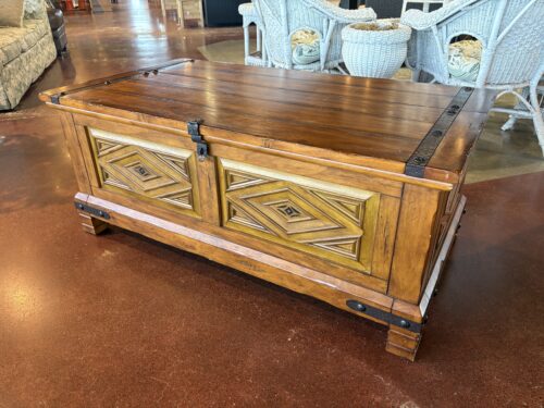 Rustic Wooden Coffee Table Trunk with Black Metal Hardware