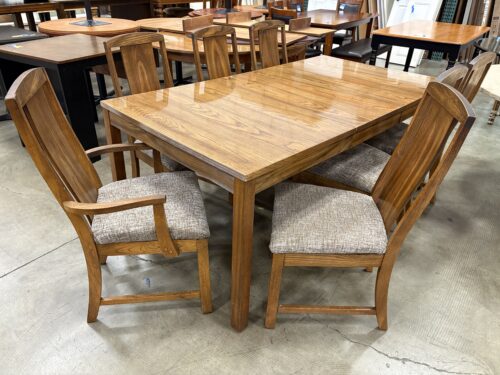 Vintage 70's Red Oak Dining Set with Graphic Print Upholstered Chairs (Set of 7)