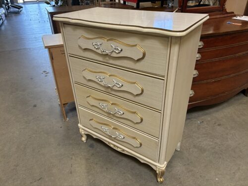 Vintage French Provincial Tallboy Dresser with Bronzed Accents and Decorative Swing Pulls