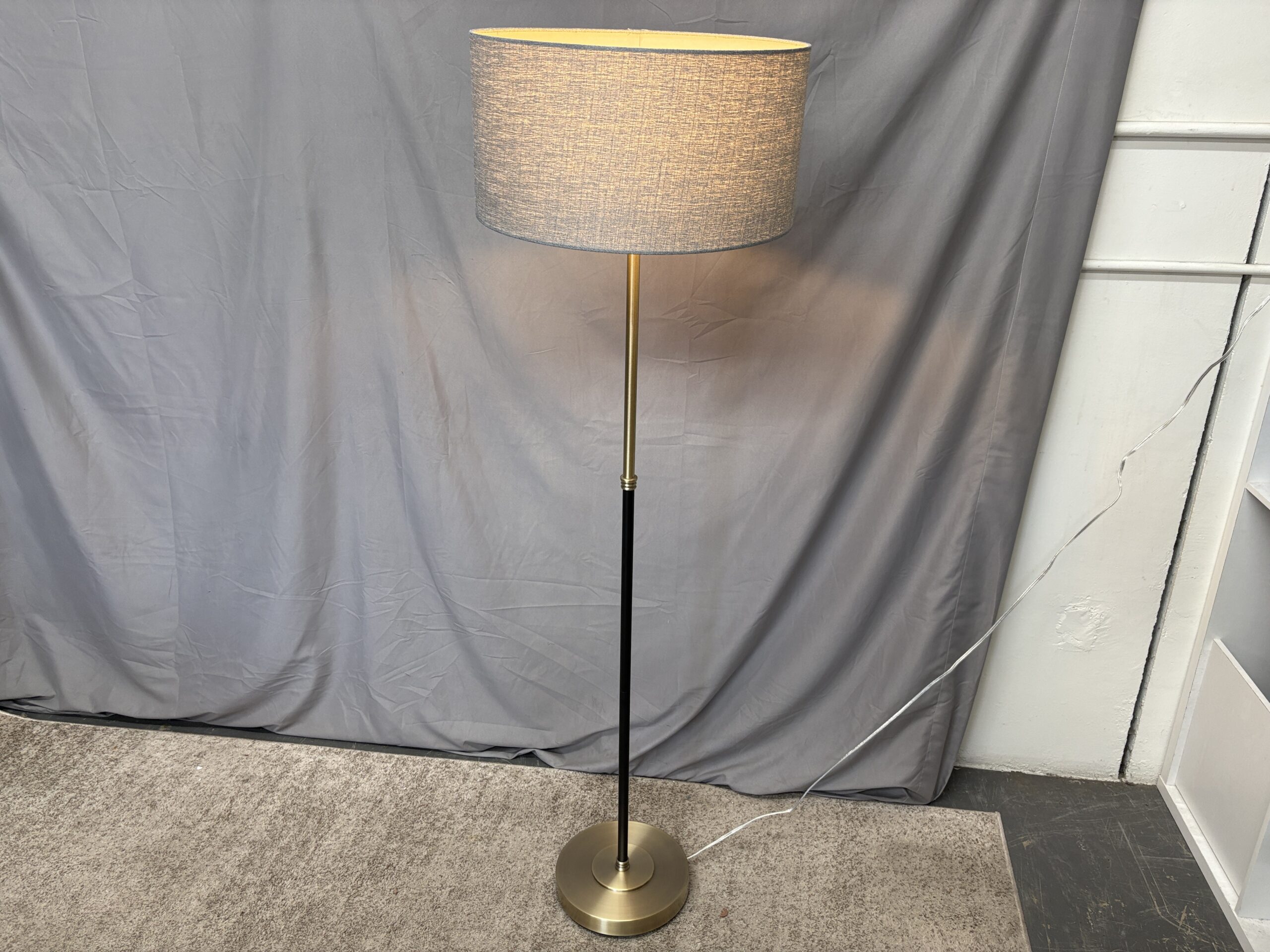 ADESSO Bergen Black & Brass Floor Lamp w/ Grey Drum Shade