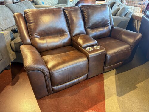 Brown Power Reclining Loveseat with Center Console and Cup Holders