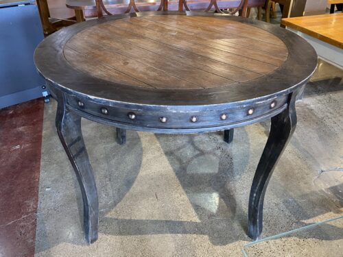 Rustic Round Stud Trim Dining Table w/ Birch Stain Finish