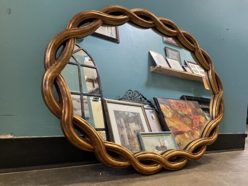 Vintage Hollywood Regency Style Oval Mirror with Wooden Rope-Weave Frame