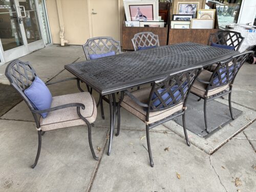 POTTERY BARN Lattice Metal Outdoor Dining Set w/ Blue Accent Pillows (Set of 7)