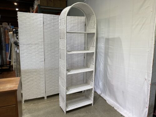 Vintage Tall Slim Arch Top White Wicker Shelf