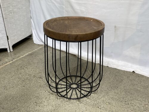 Sturdy Black Wire Basket Base Accent Table w/ Thick Wood Top