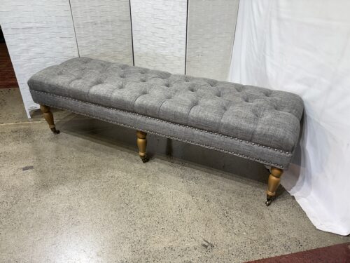 Button-Tufted Linen Bench with Nailhead Trim & Wooden Legs