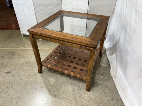 Glass Top End Table with Woven Leather Lower Shelf