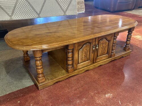 Warm Tone Oval Coffee Table w/ Double Door Storage