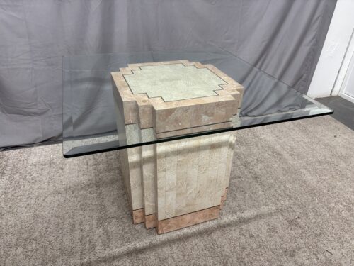 Vintage Post Modern Square Glass Top Tessellated Stone Veneer End Table
