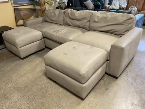 RESTORATION HARDWARE Maxwell Leather 3-Cushion Sofa w/ 2 Ottomans in Pewter Grey