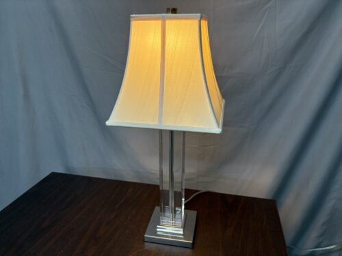 POTTERY BARN Crystal Column & Chrome Base Table Lamp w/ White Pagoda Shade