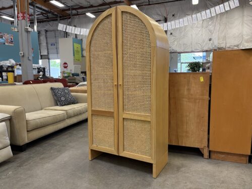 Modern Arched Birch Storage Cabinet with Cane Doors and Adjustable Shelving