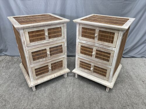 Vintage Solid Wood Whitewashed Rattan 3-Drawer Nightstand (Set of 2)