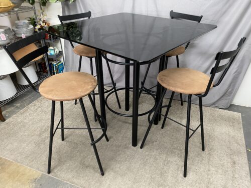 Bar Height Black Metal & Glass Dining Set w/ 4 Swivel Chairs