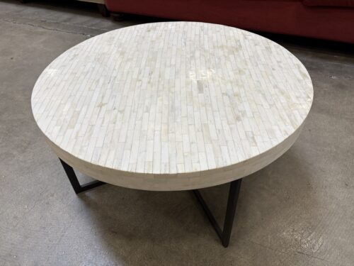 Round Modern Water Buffalo Bone Tile Coffee Table with Black Crossed Metal Base