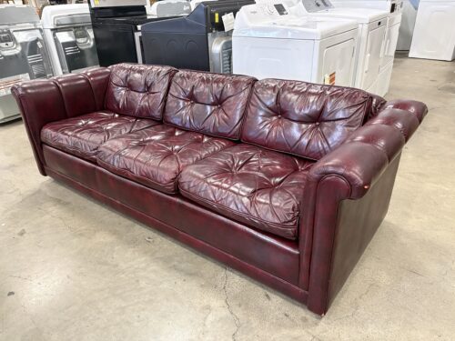 SCHAFER BROS Vintage Pebbled Maroon Leather Channel Stiched Sofa with Tufted Cushions