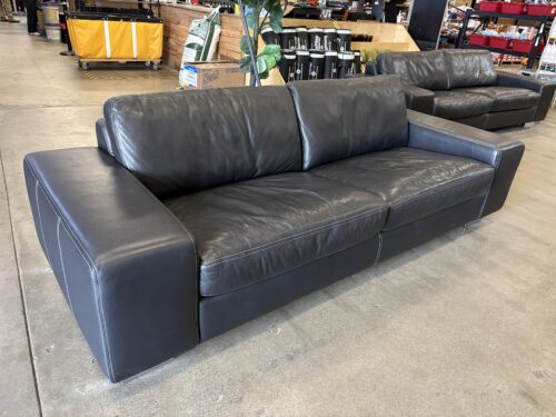 Modern Black Leather Wide Arm Contrast Stitch Sofa with Chrome Feet