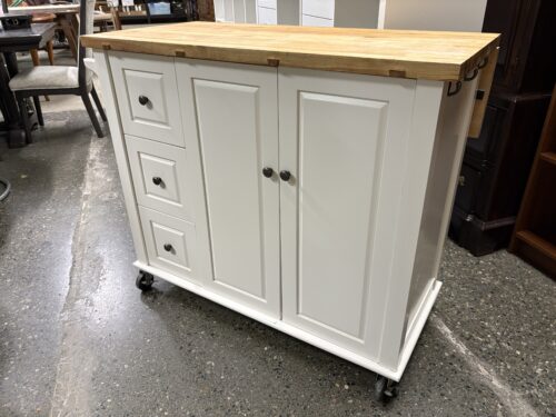 White 3-Drawer Butcher Block Top Extendable Rolling Kitchen Island