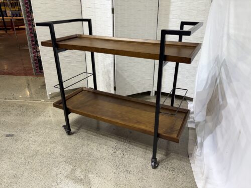 Industrial 2-Tier Wood Bar Cart with Wheels