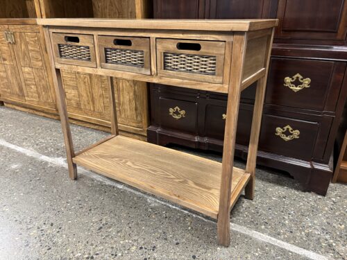 Distressed Oak 3 Rattan Drawer Console Table
