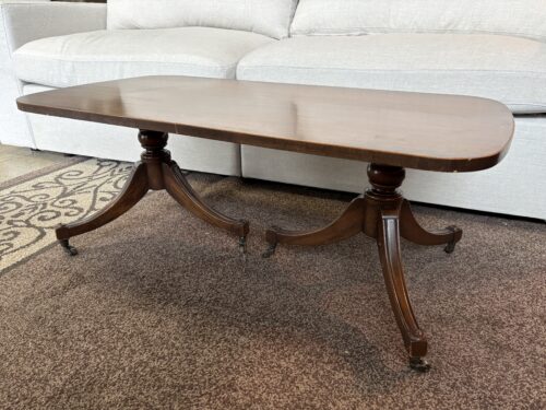 Vintage Carved Base Double Pedestal Rolling Coffee Table
